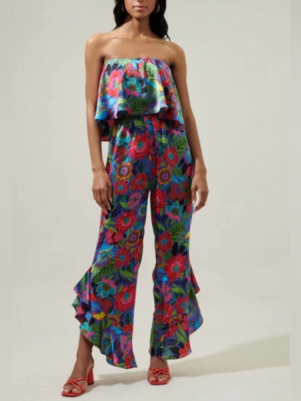 Sugarlips Strapless Floral Ruffle Jumpsuit in Blue Multi